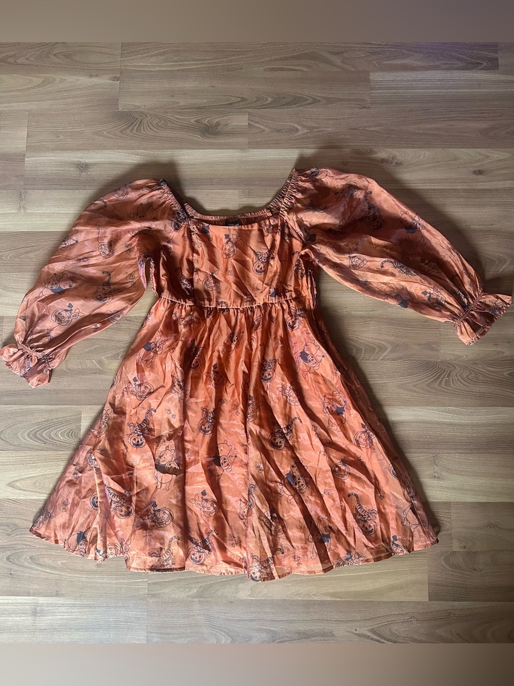 Women's Orange Disney Winnie The Pooh Halloween Midi Dress with Puff Sleeves